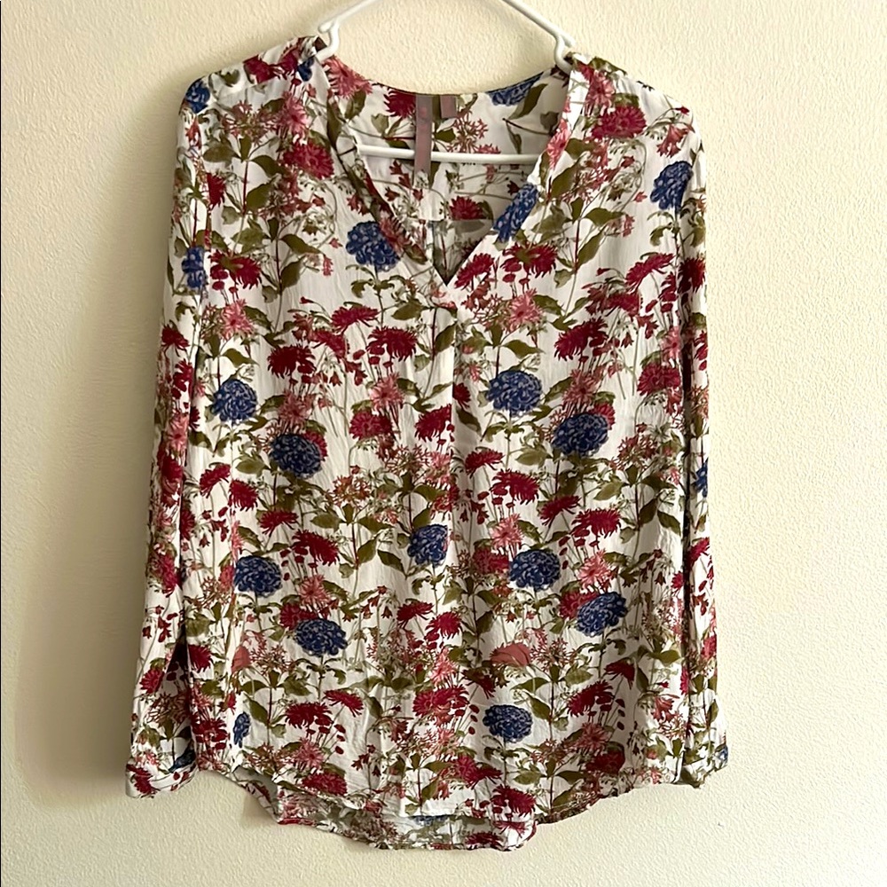 Boho Cream/Red/Purple Floral Rayon Comfy Long Sleeve V Neck Pull Over Blouse Top